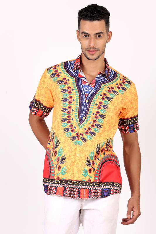 Camisa de Hombre Afrocaribeño Estampado Amarillo HS402
