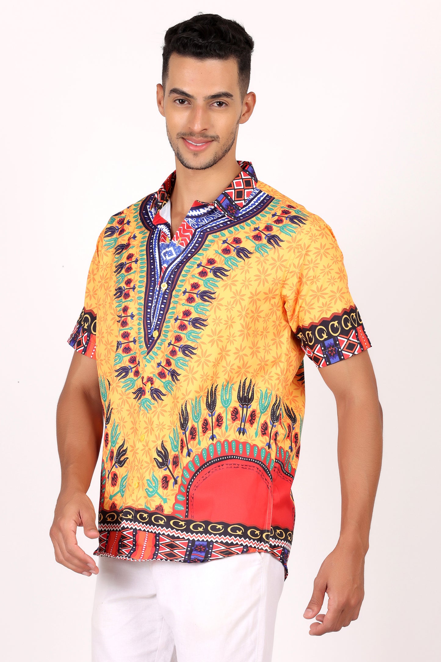 Camisa de Hombre Afrocaribeño Estampado Amarillo HS402