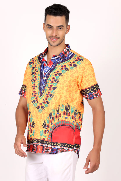 Camisa de Hombre Afrocaribeño Estampado Amarillo HS402