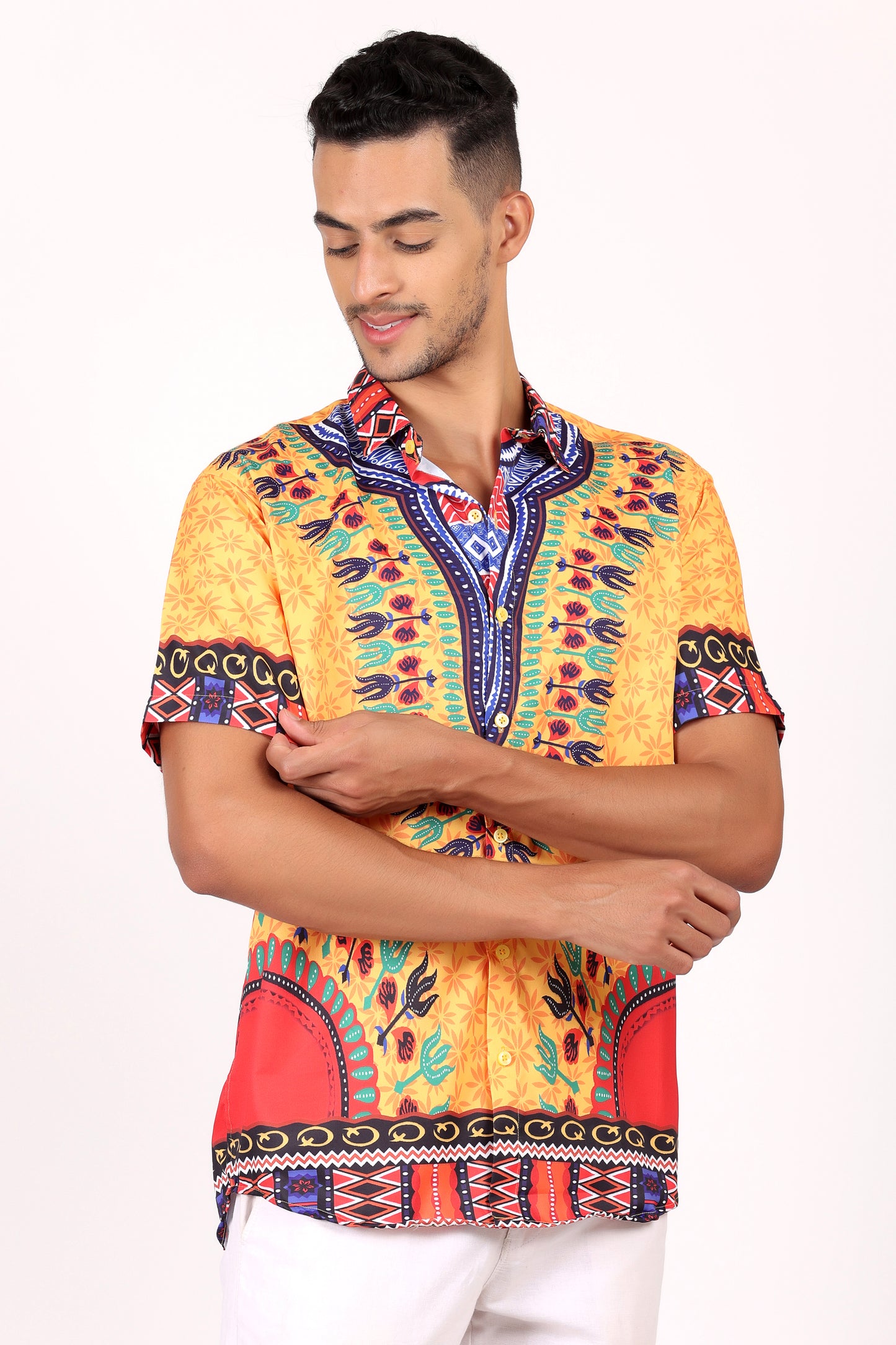 Camisa de Hombre Afrocaribeño Estampado Amarillo HS402