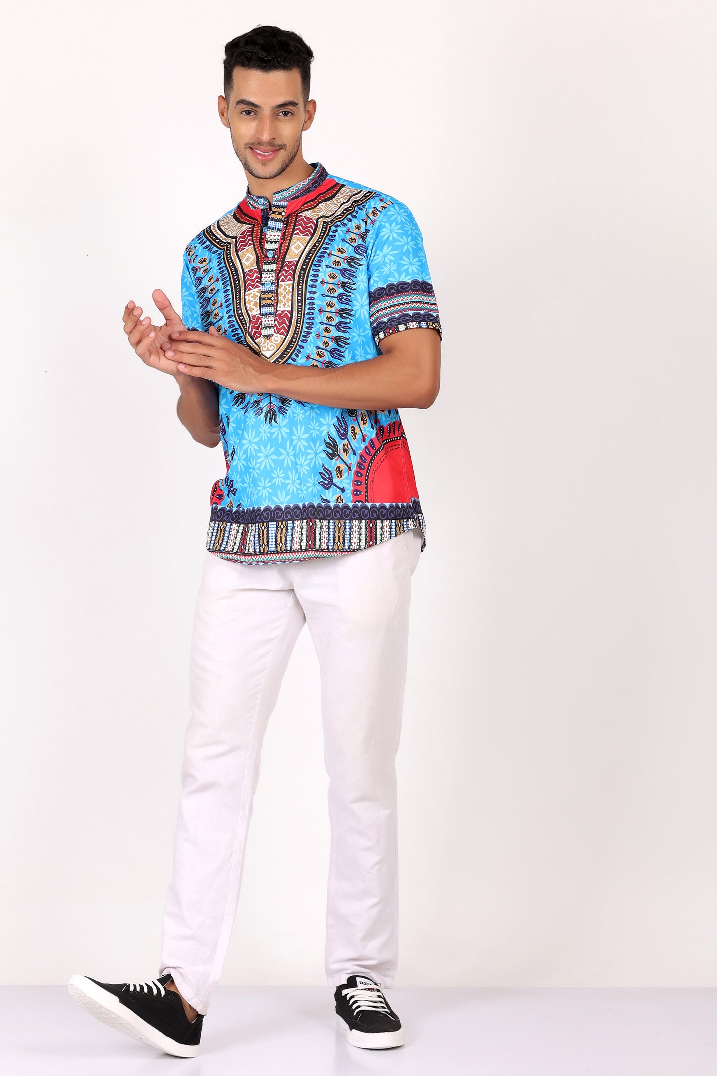 Camisa de Hombre Afrocaribeño Azul de Botones Cuello Chino HS405