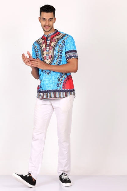 Camisa de Hombre Afrocaribeño Azul de Botones Cuello Chino HS405