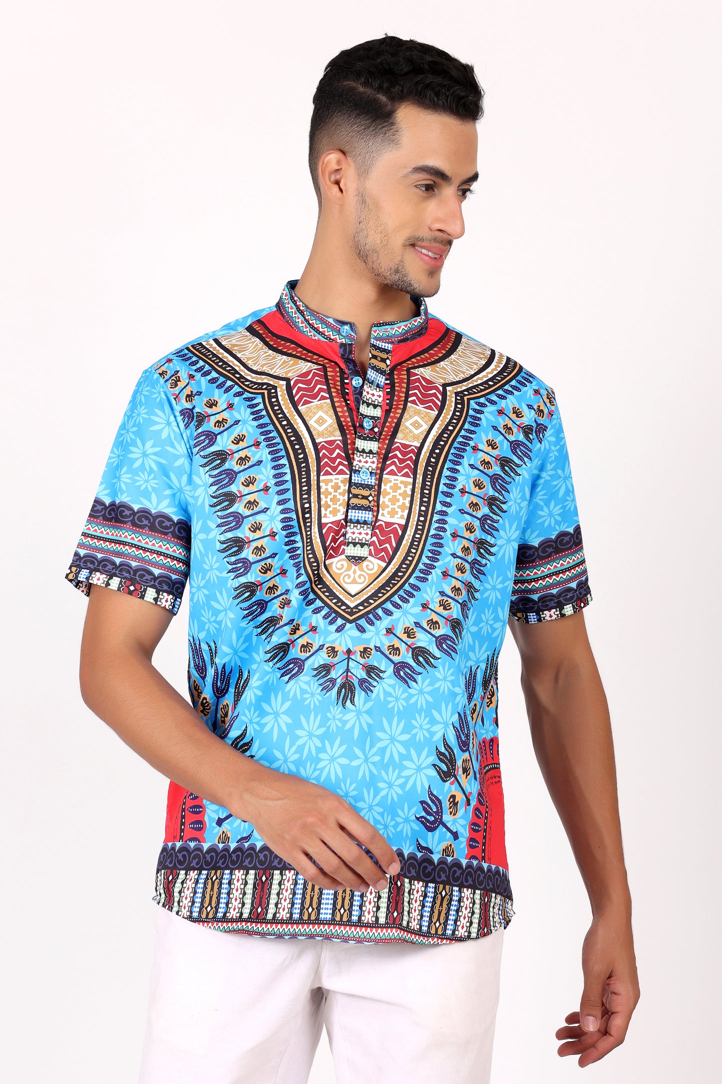 Camisa de Hombre Afrocaribeño Azul de Botones Cuello Chino HS405