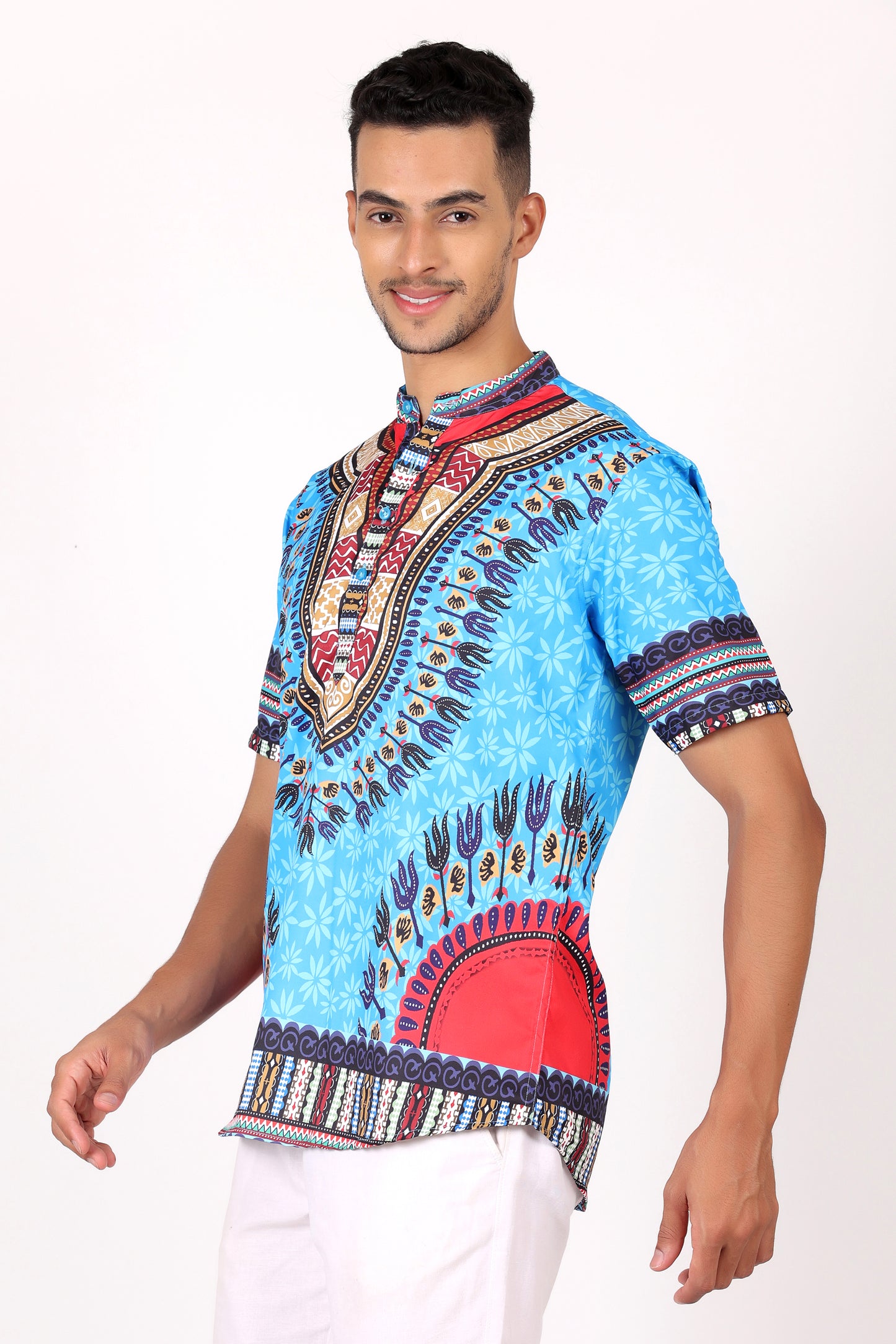 Camisa de Hombre Afrocaribeño Azul de Botones Cuello Chino HS405