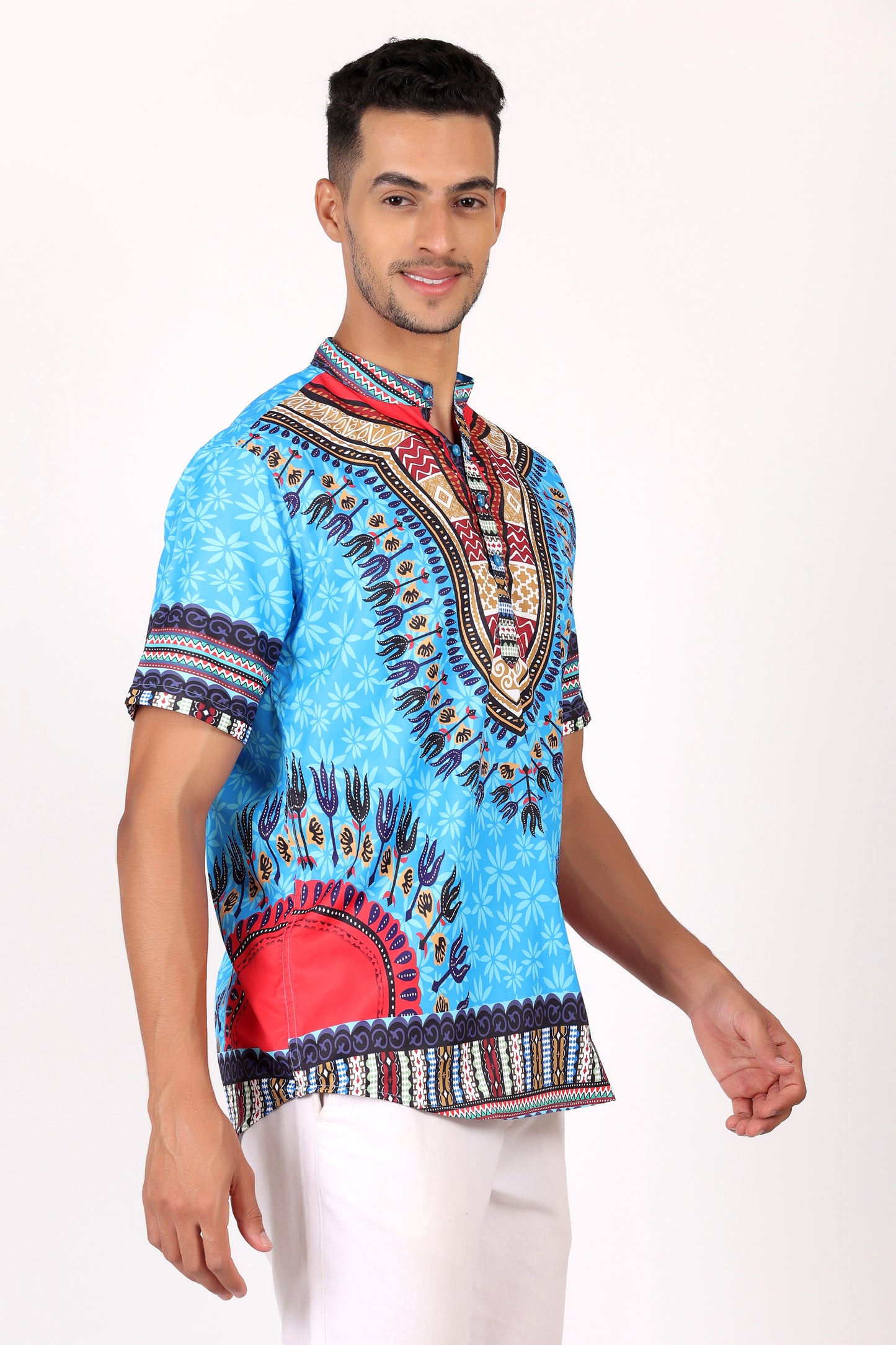 Camisa de Hombre Afrocaribeño Azul de Botones Cuello Chino HS405
