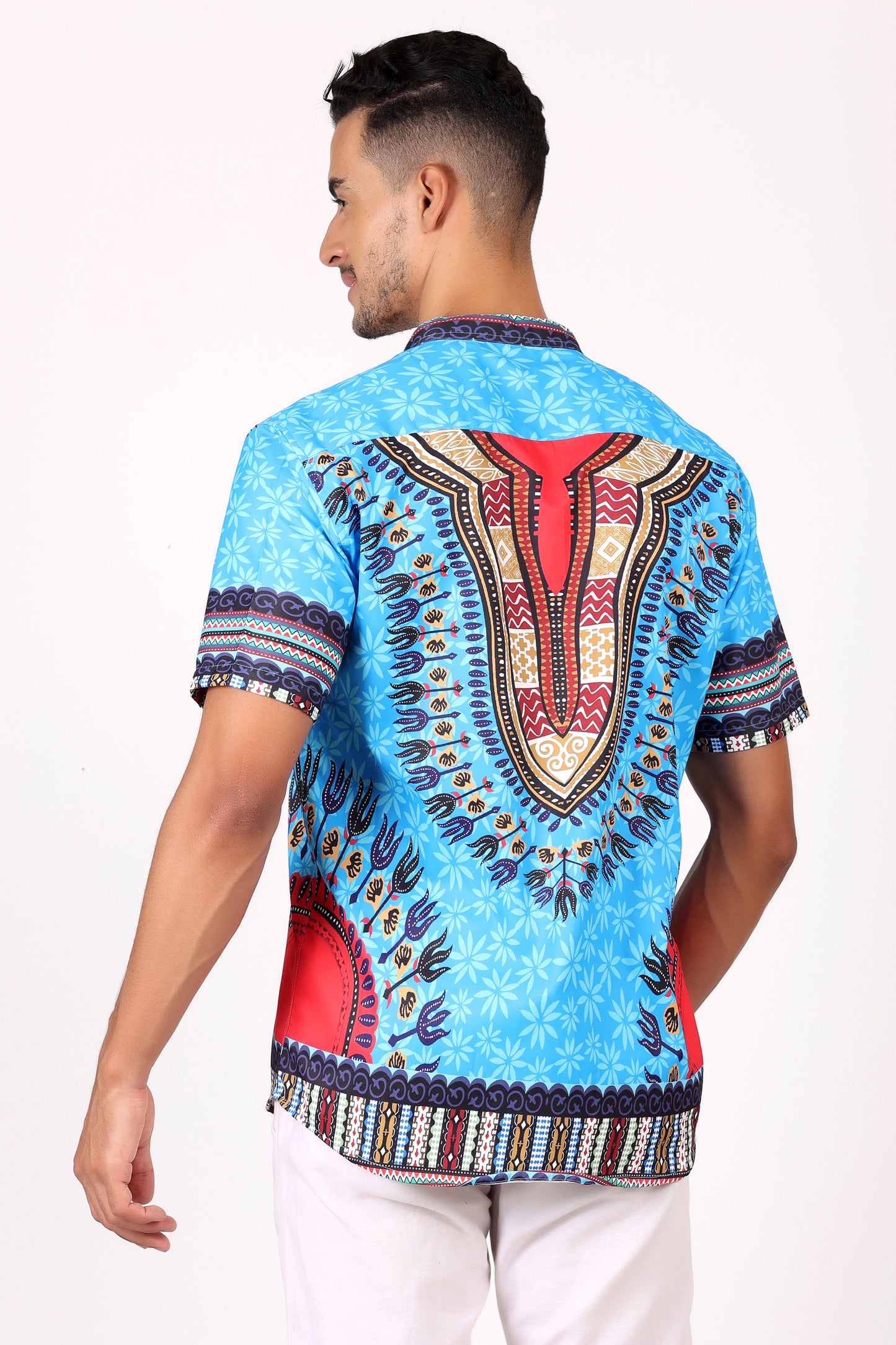 Camisa de Hombre Afrocaribeño Azul de Botones Cuello Chino HS405