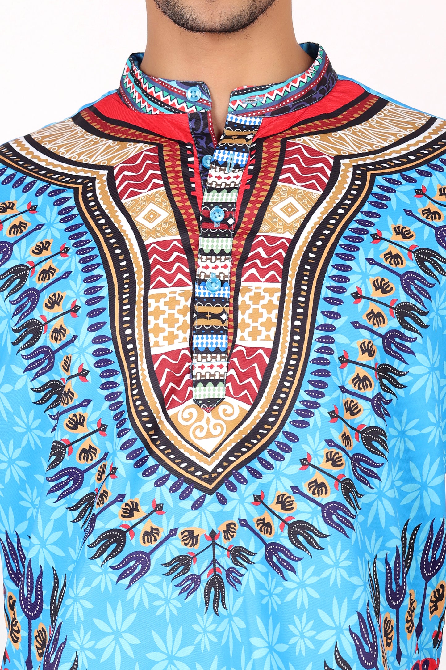 Camisa de Hombre Afrocaribeño Azul de Botones Cuello Chino HS405