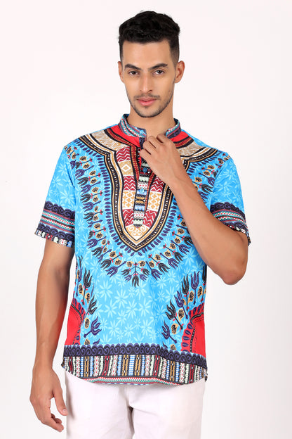 Camisa de Hombre Afrocaribeño Azul de Botones Cuello Chino HS405