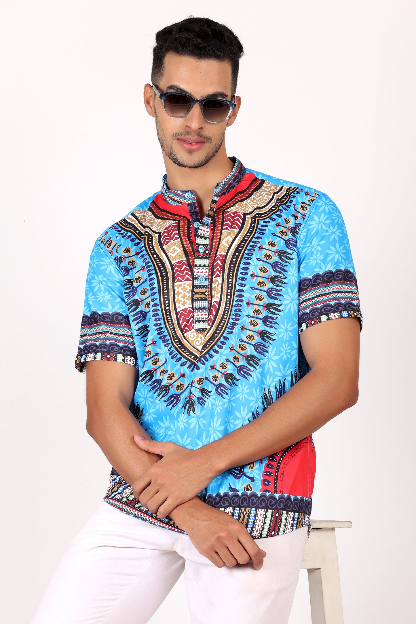 Camisa de Hombre Afrocaribeño Azul de Botones Cuello Chino HS405