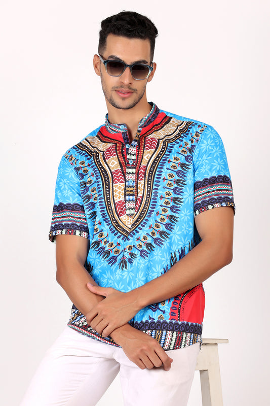 Camisa de Hombre Afrocaribeño Azul de Botones Cuello Chino HS405