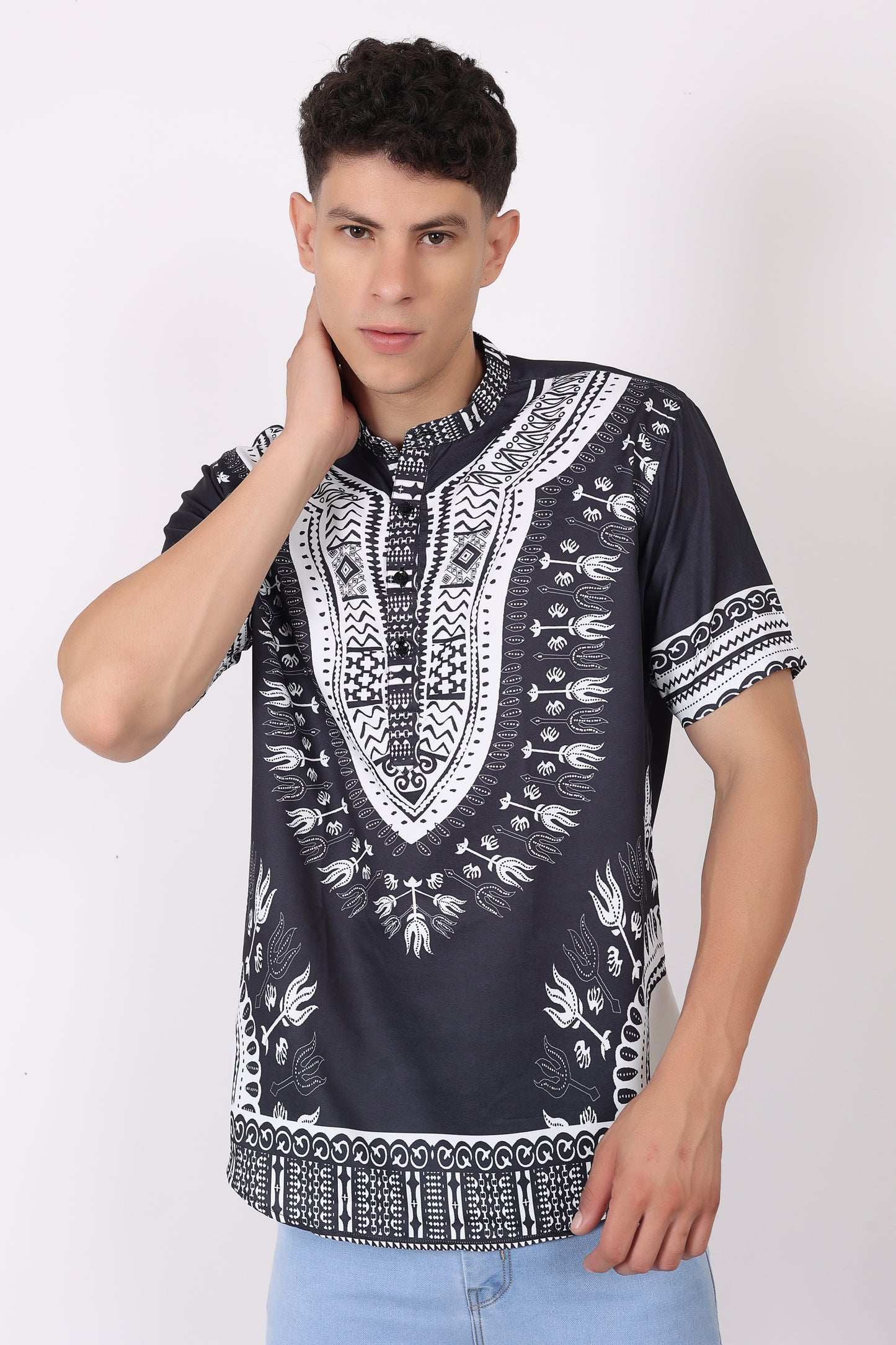 Camisa de Hombre Afrocaribeño Negro de Botones con Cuello Chino HS405