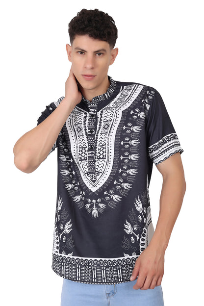 Camisa de Hombre Afrocaribeño Negro de Botones con Cuello Chino HS405