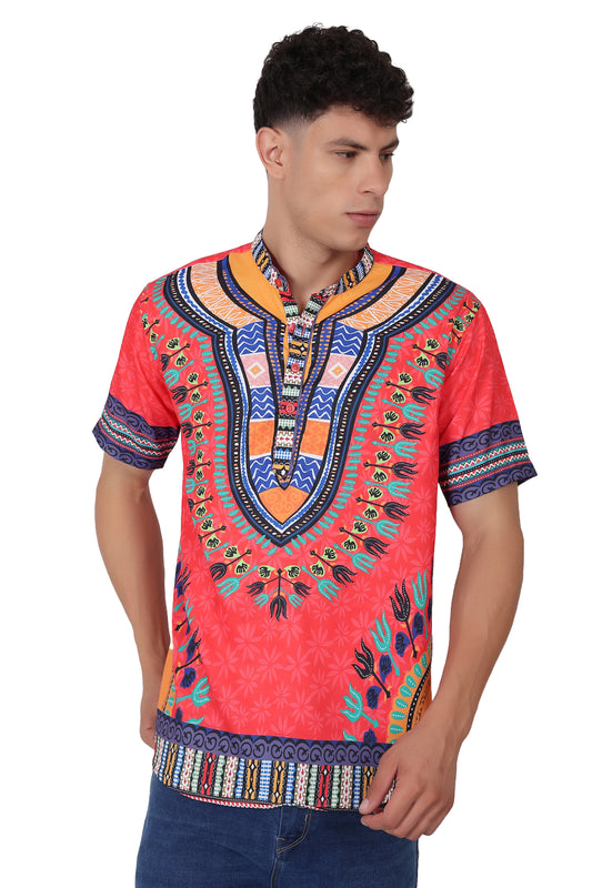 Camisa de Hombre Afrocaribeño Roja de Botones Cuello Chino HS405
