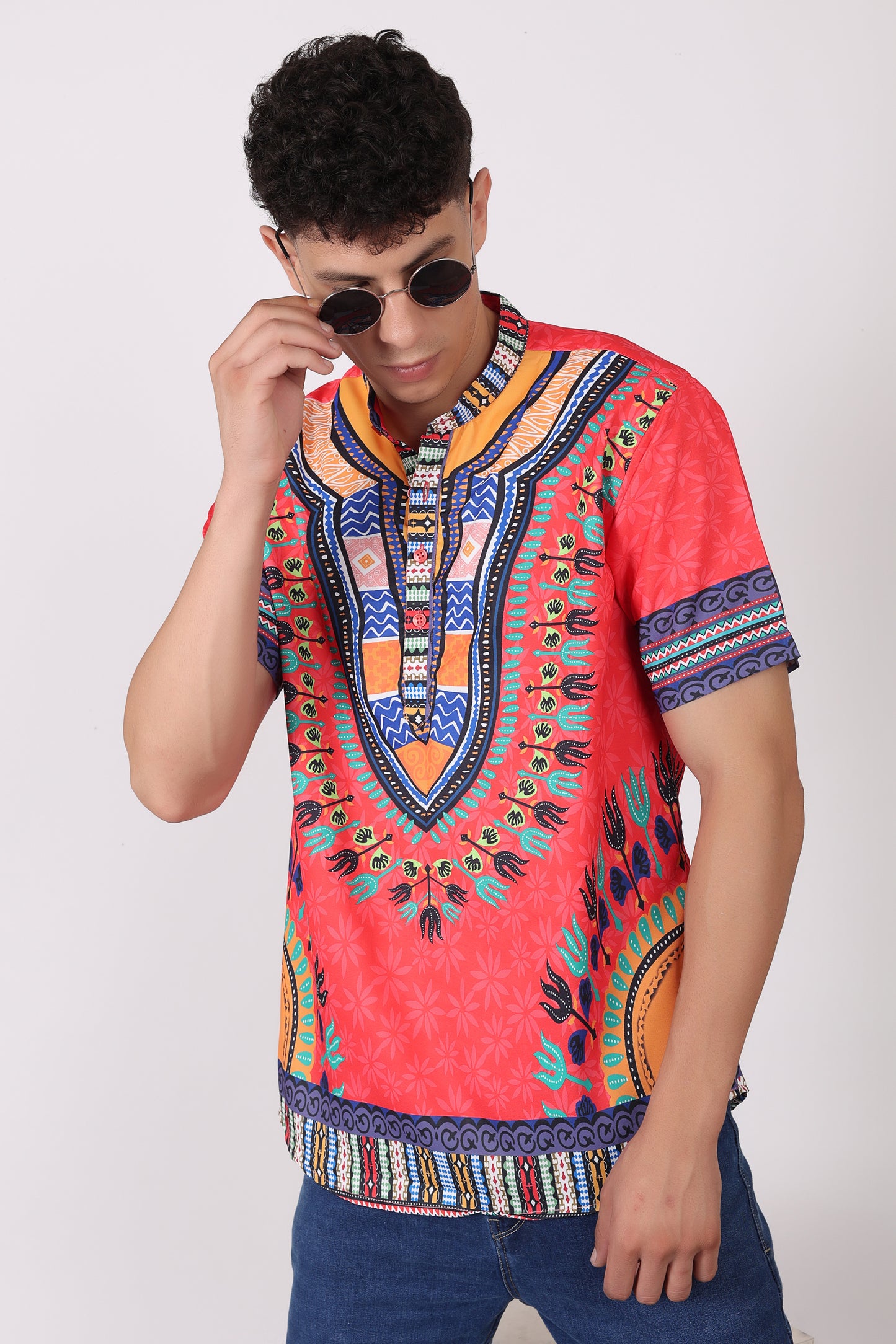 Camisa de Hombre Afrocaribeño Roja de Botones Cuello Chino HS405