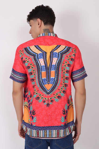 Camisa de Hombre Afrocaribeño Roja de Botones Cuello Chino HS405
