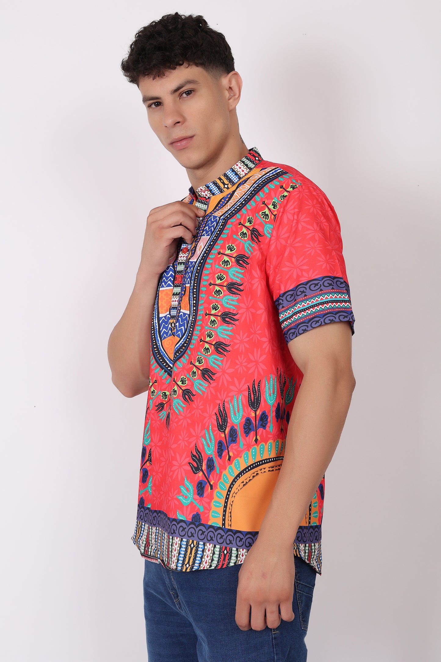 Camisa de Hombre Afrocaribeño Roja de Botones Cuello Chino HS405