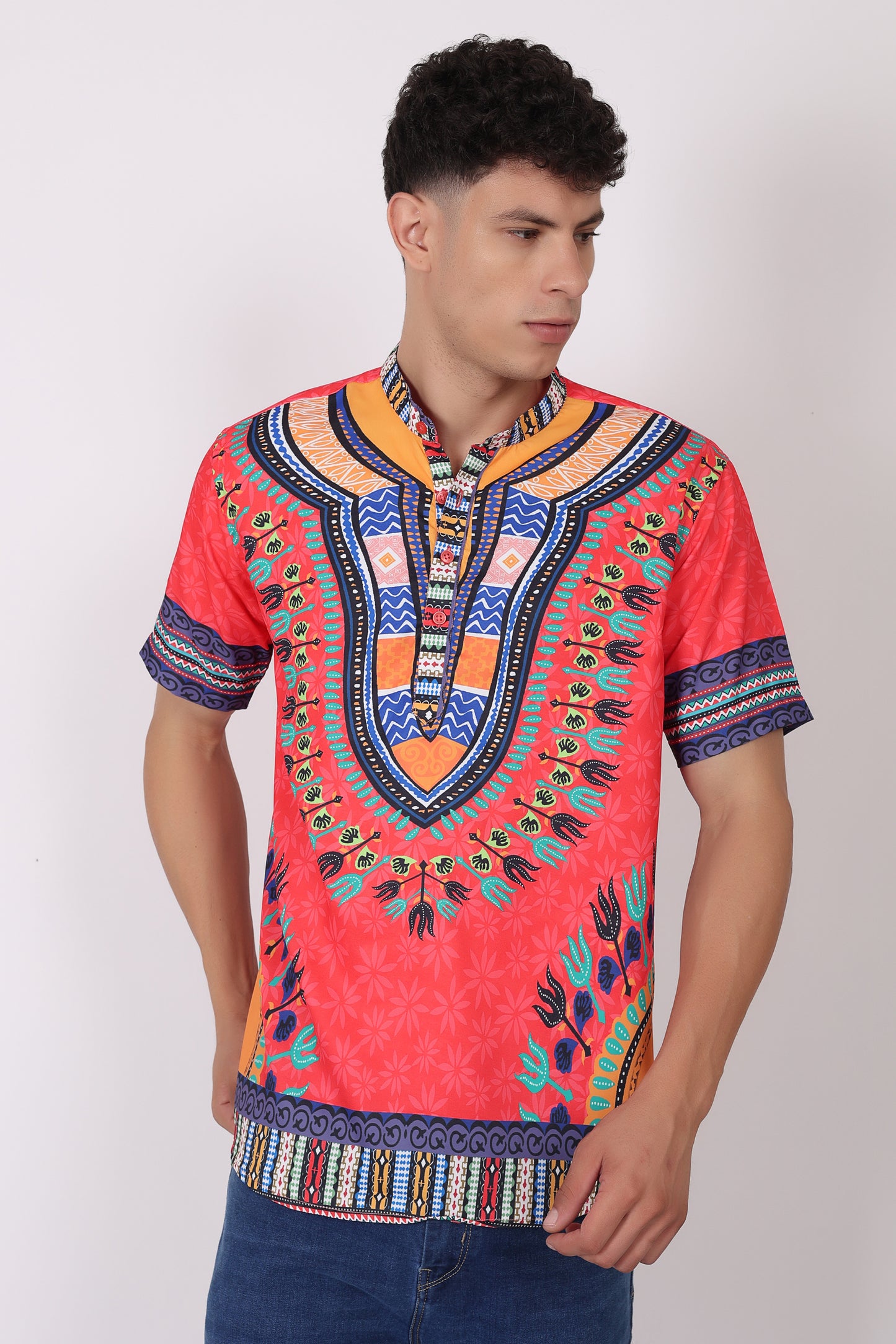 Camisa de Hombre Afrocaribeño Roja de Botones Cuello Chino HS405