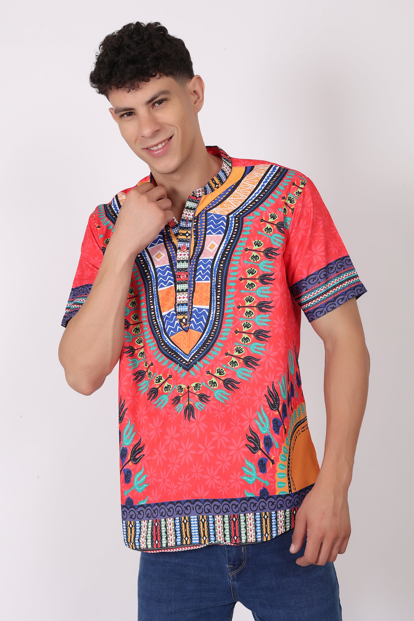 Camisa de Hombre Afrocaribeño Roja de Botones Cuello Chino HS405