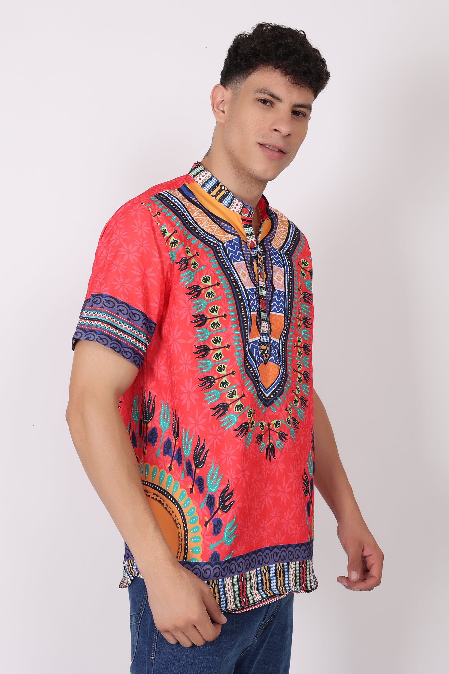 Camisa de Hombre Afrocaribeño Roja de Botones Cuello Chino HS405