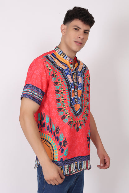 Camisa de Hombre Afrocaribeño Roja de Botones Cuello Chino HS405