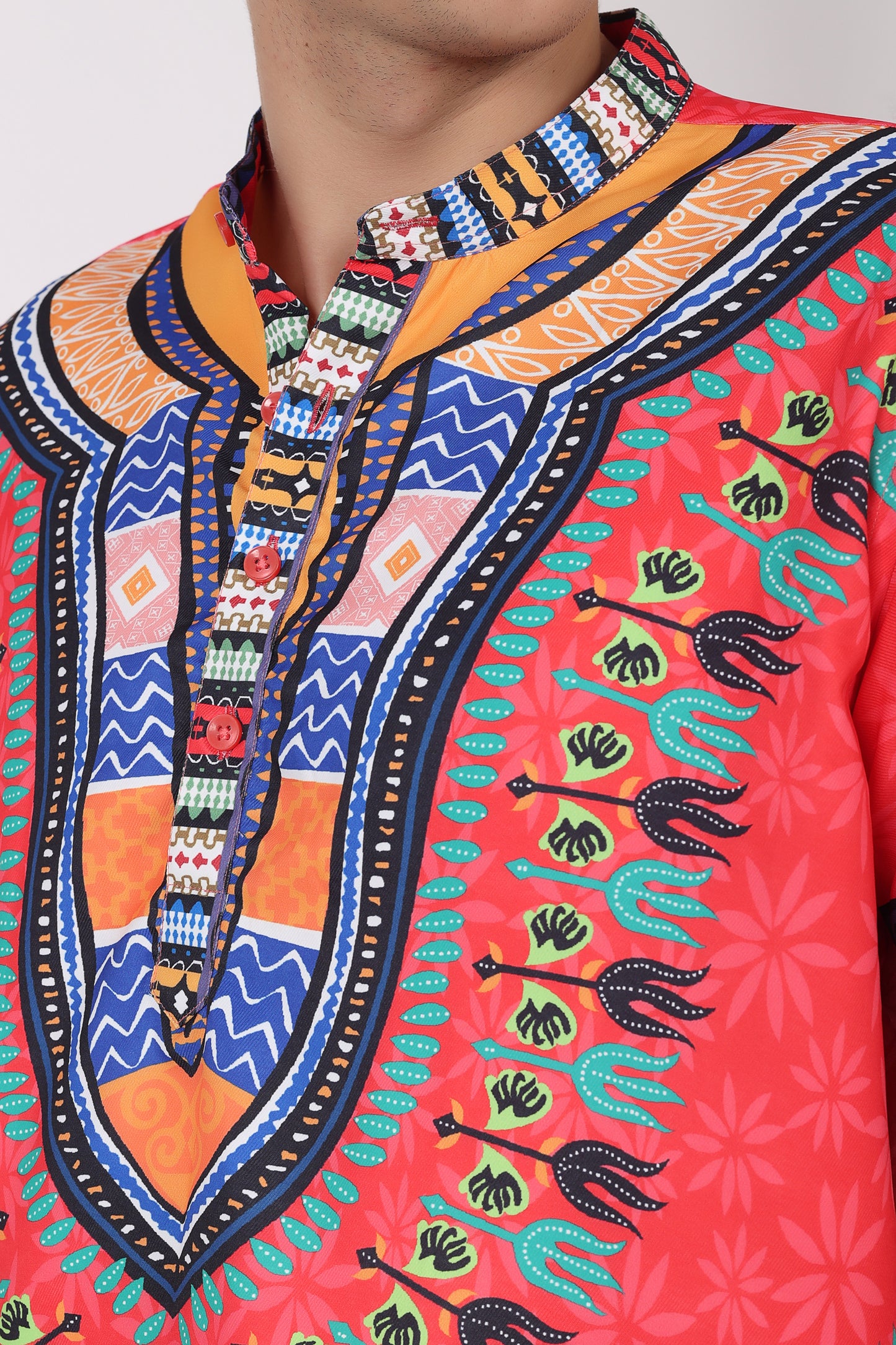 Camisa de Hombre Afrocaribeño Roja de Botones Cuello Chino HS405