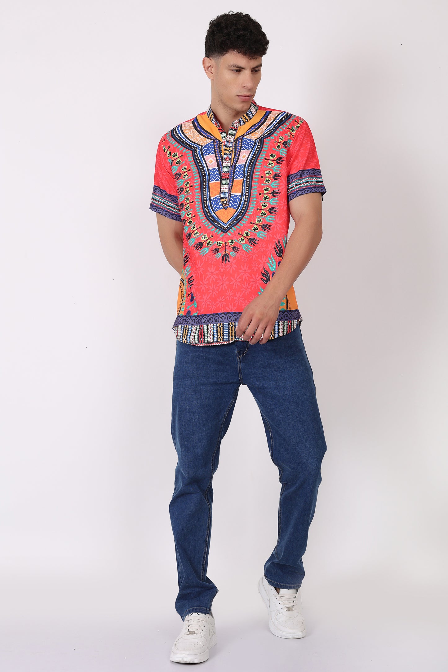 Camisa de Hombre Afrocaribeño Roja de Botones Cuello Chino HS405