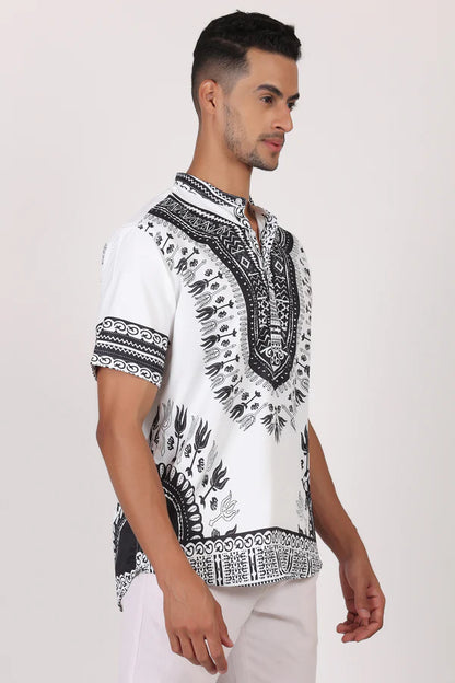 Camisa de Hombre Afrocaribeño Blanco de Botones Cuello Chino HS405