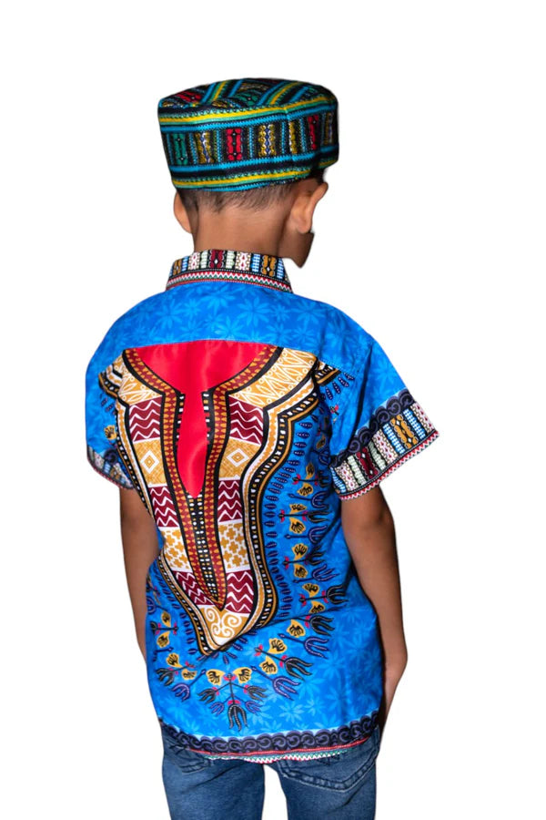 Camisa de Niño de Botones con Estampado Afrocaribeño Azul