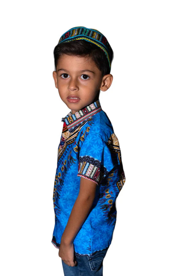 Camisa de Niño de Botones con Estampado Afrocaribeño Azul