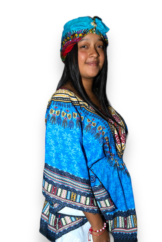 Blusa Top de Dama Afrocaribeño Estampado Azul