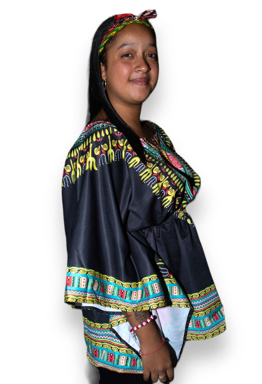 Blusa Top de Dama Afrocaribeño Estampado Negro