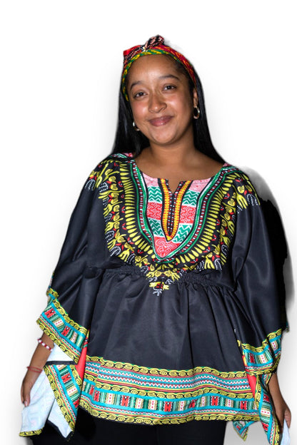 Blusa Top de Dama Afrocaribeño Estampado Negro