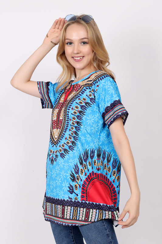 Blusa Afrocaribeña de Dama Estampado Azul