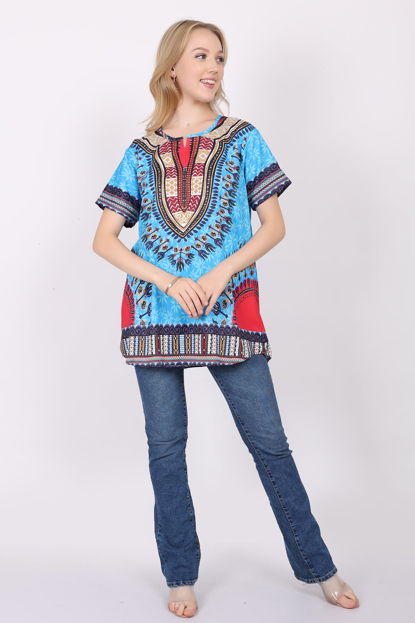 Blusa Afrocaribeña de Dama Estampado Azul