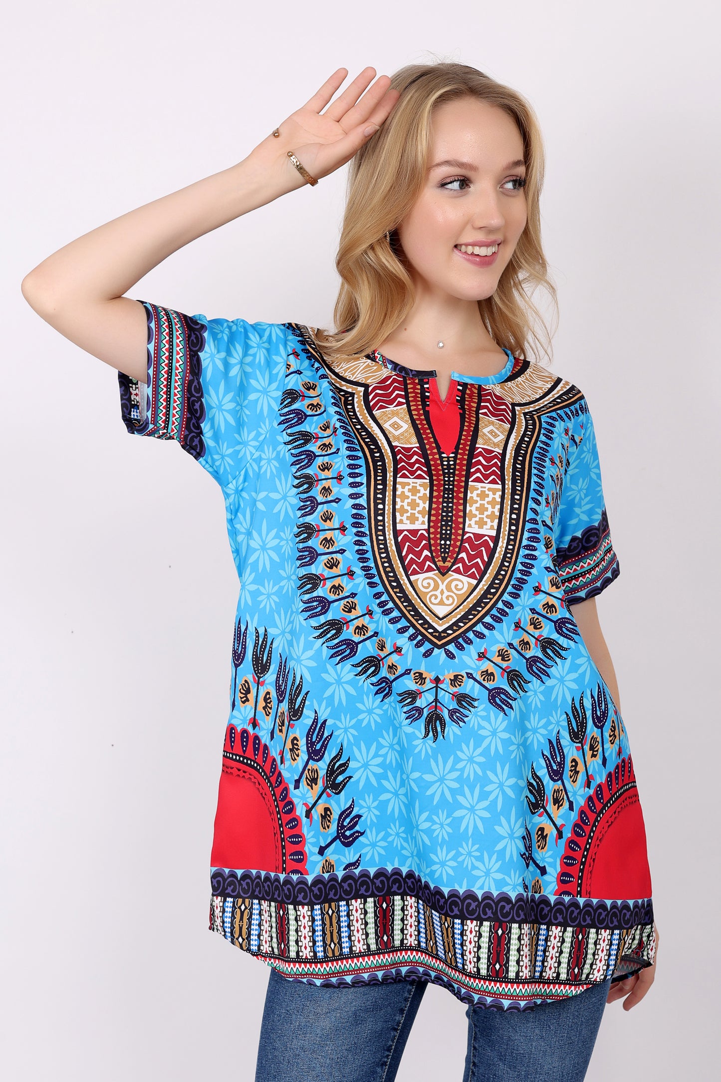 Blusa Afrocaribeña de Dama Estampado Azul