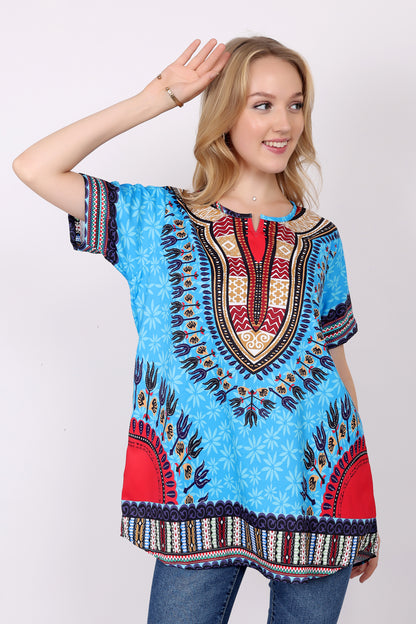 Blusa Afrocaribeña de Dama Estampado Azul