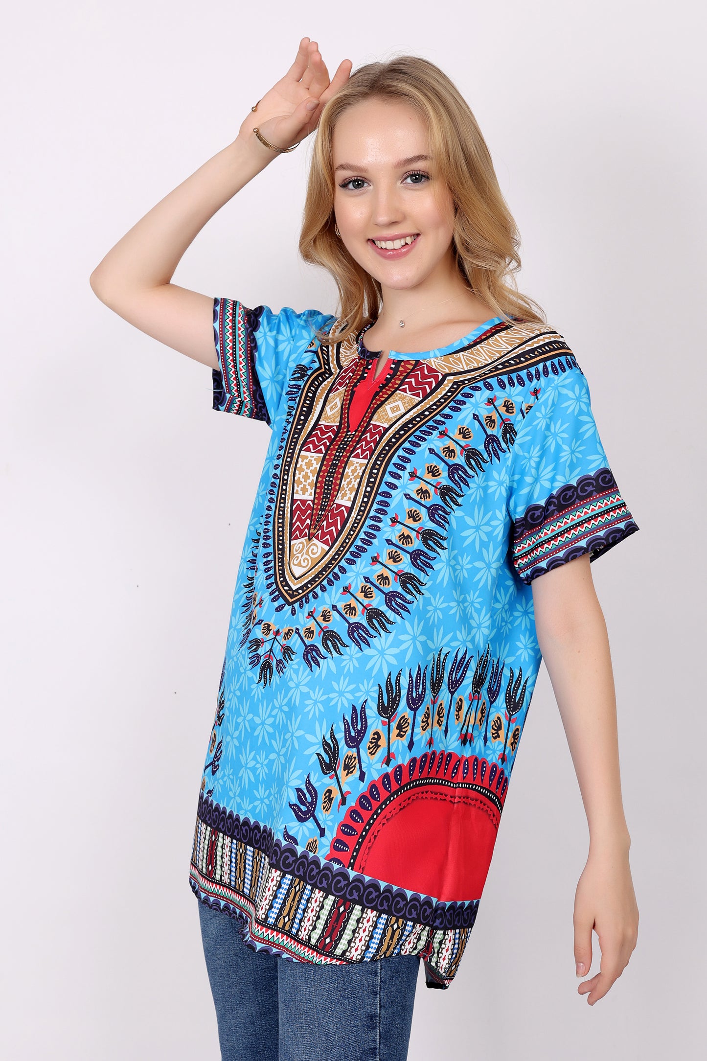 Blusa Afrocaribeña de Dama Estampado Azul
