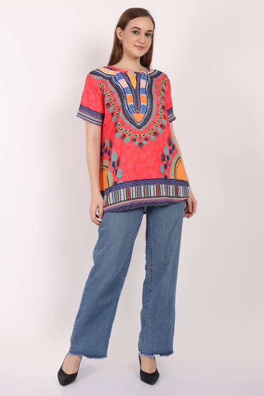 Blusa Afrocaribeña de Dama Estampado Rojo
