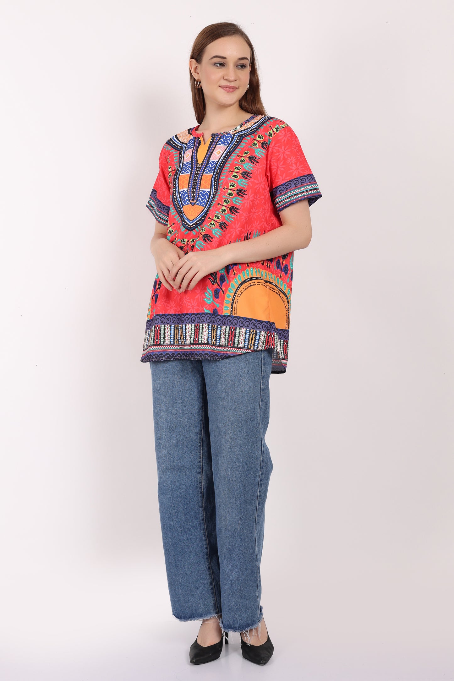 Blusa Afrocaribeña de Dama Estampado Rojo
