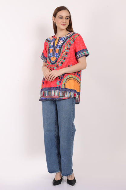 Blusa Afrocaribeña de Dama Estampado Rojo