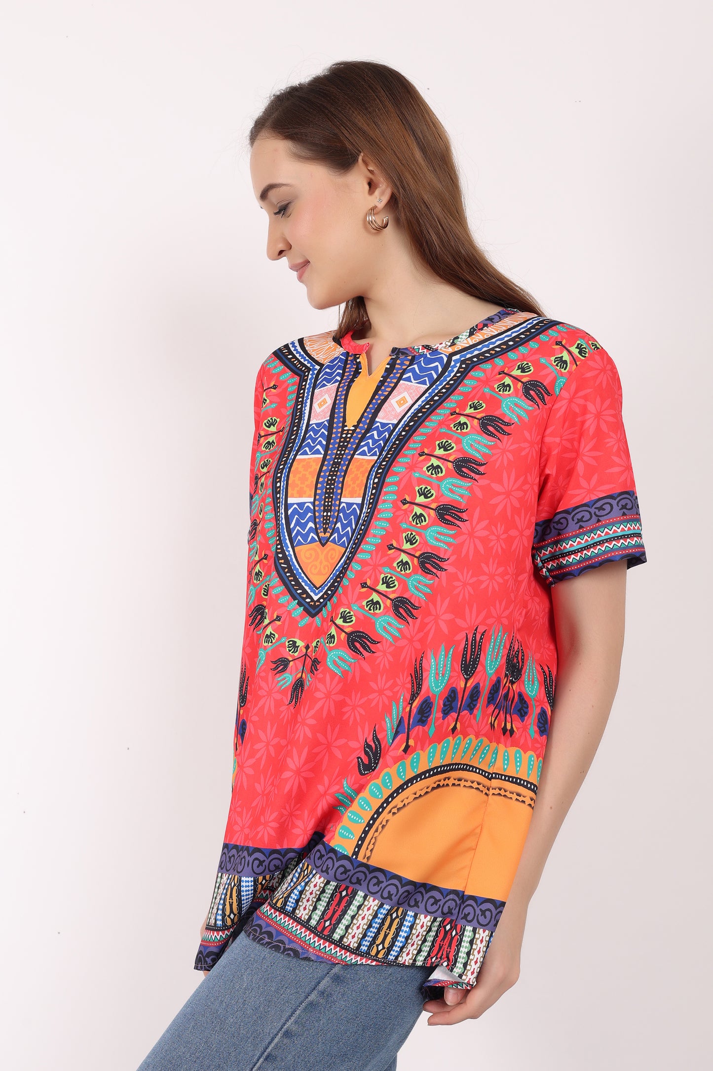 Blusa Afrocaribeña de Dama Estampado Rojo