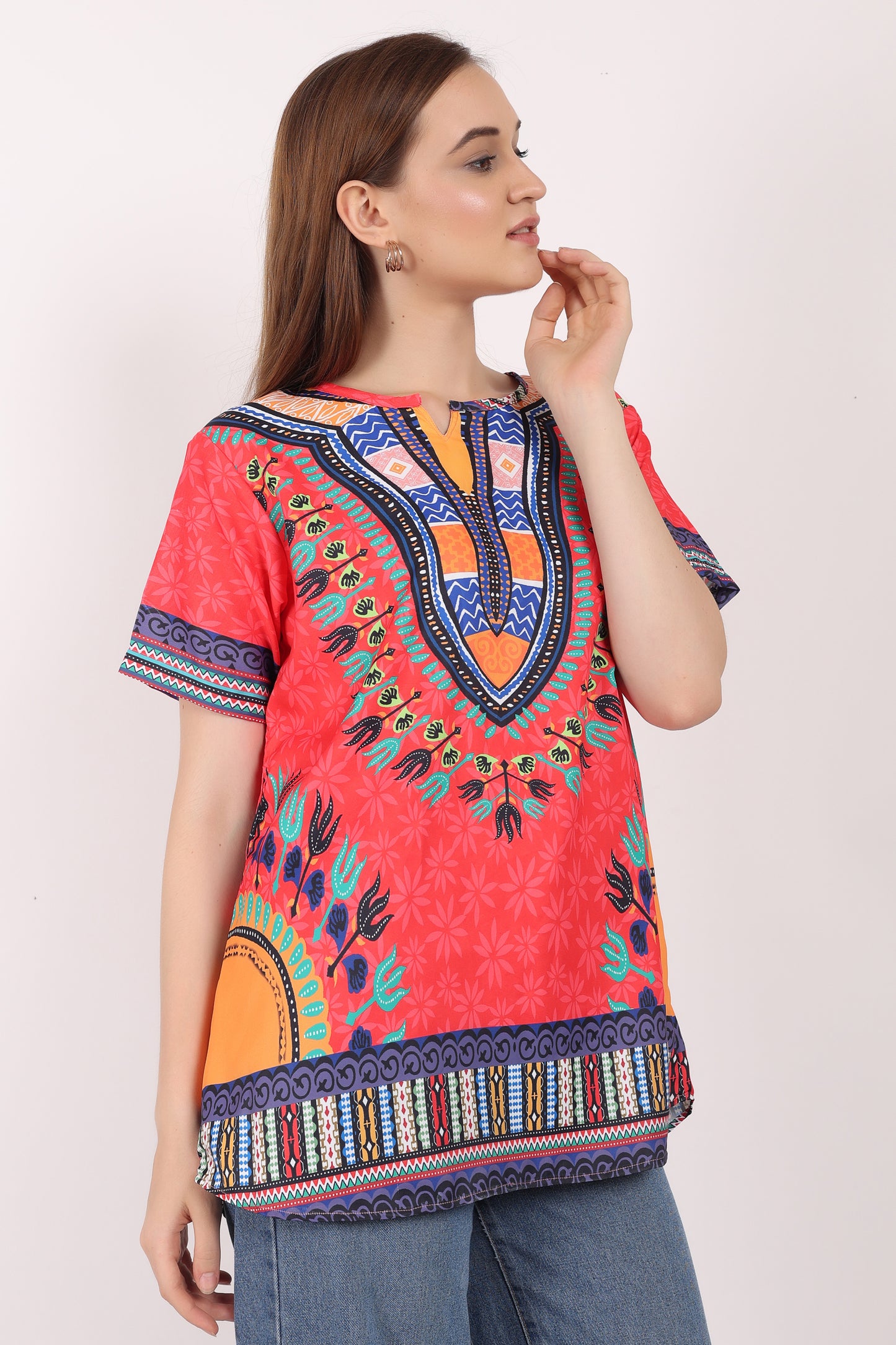 Blusa Afrocaribeña de Dama Estampado Rojo