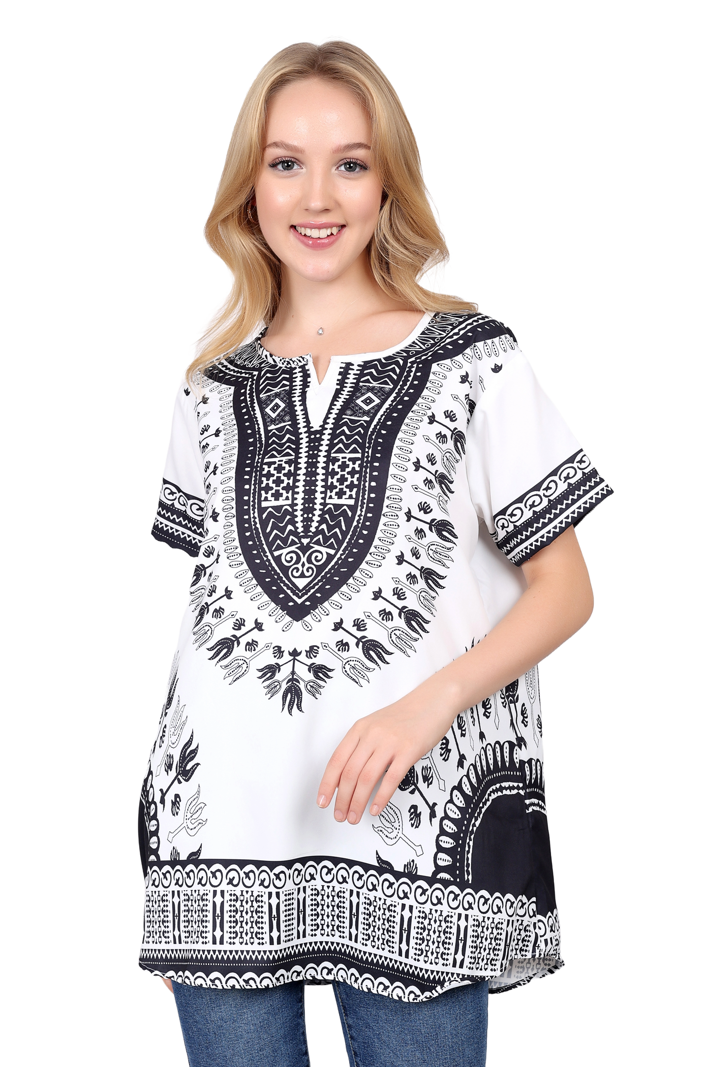 Blusa Afrocaribeña de Dama Estampado Blanco con Negro