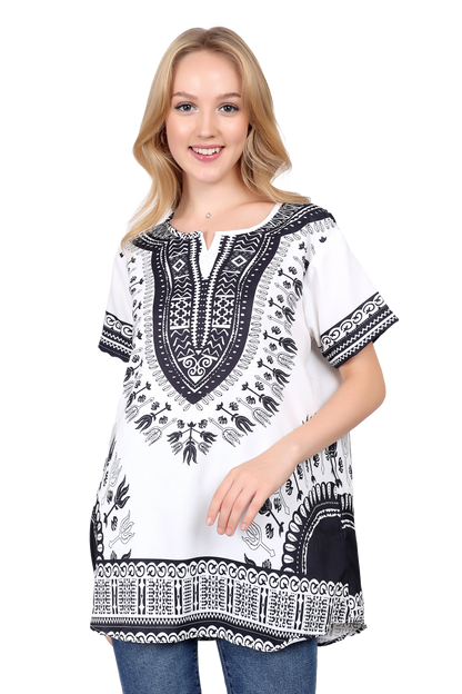 Blusa Afrocaribeña de Dama Estampado Blanco con Negro