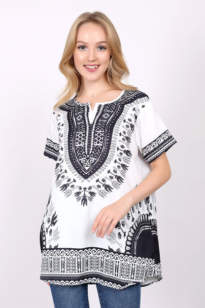 Blusa Afrocaribeña de Dama Estampado Blanco con Negro