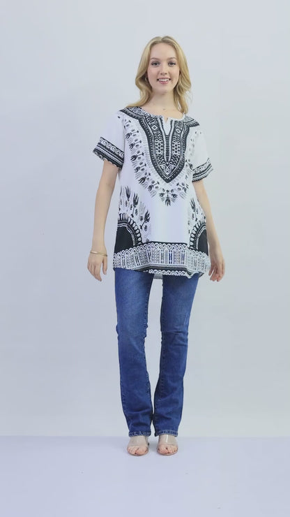 Blusa Afrocaribeña de Dama Estampado Blanco con Negro