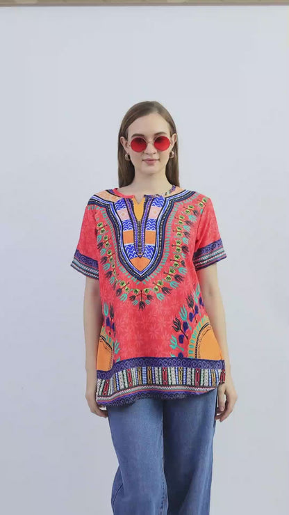 Blusa Afrocaribeña de Dama Estampado Rojo