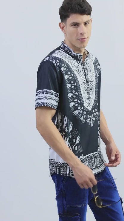 Camisa de Hombre Afrocaribeño Negro de Botones con Cuello Chino HS405
