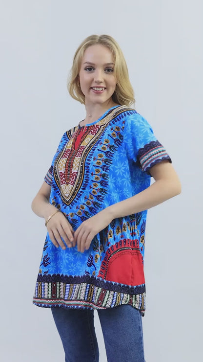 Blusa Afrocaribeña de Dama Estampado Azul