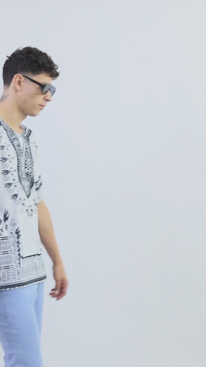 Camisa de Hombre Dashiki Afrocaribeño Estampado Blanco con Negro